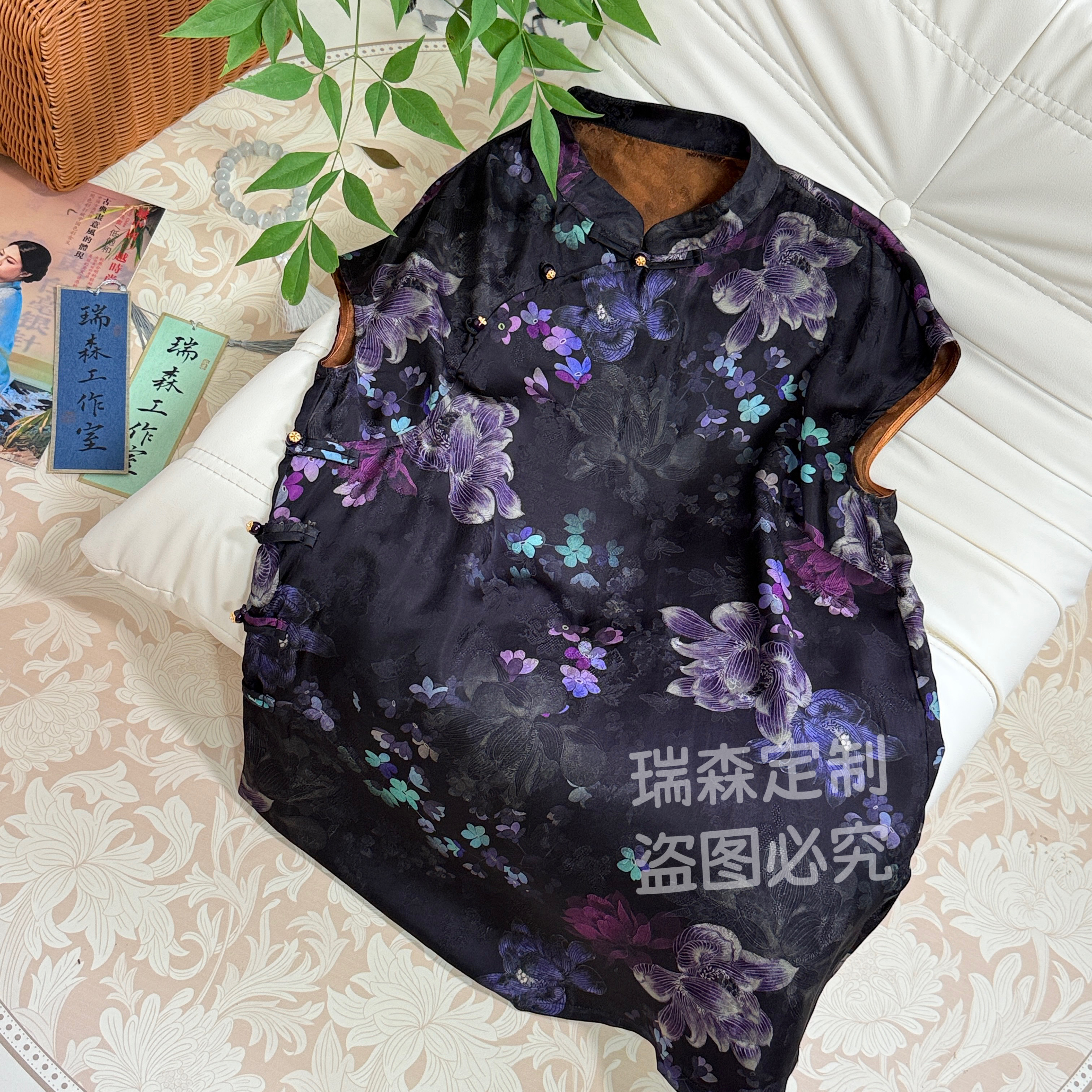 652 黑色奥黛新中式国风中长款100%桑蚕丝上衣-胸围100-衣长72