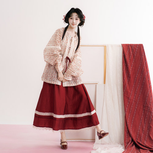 芷蘅间 杏里红 原创国风新中式汉服女装碎花圆领衫半身裙国风套装