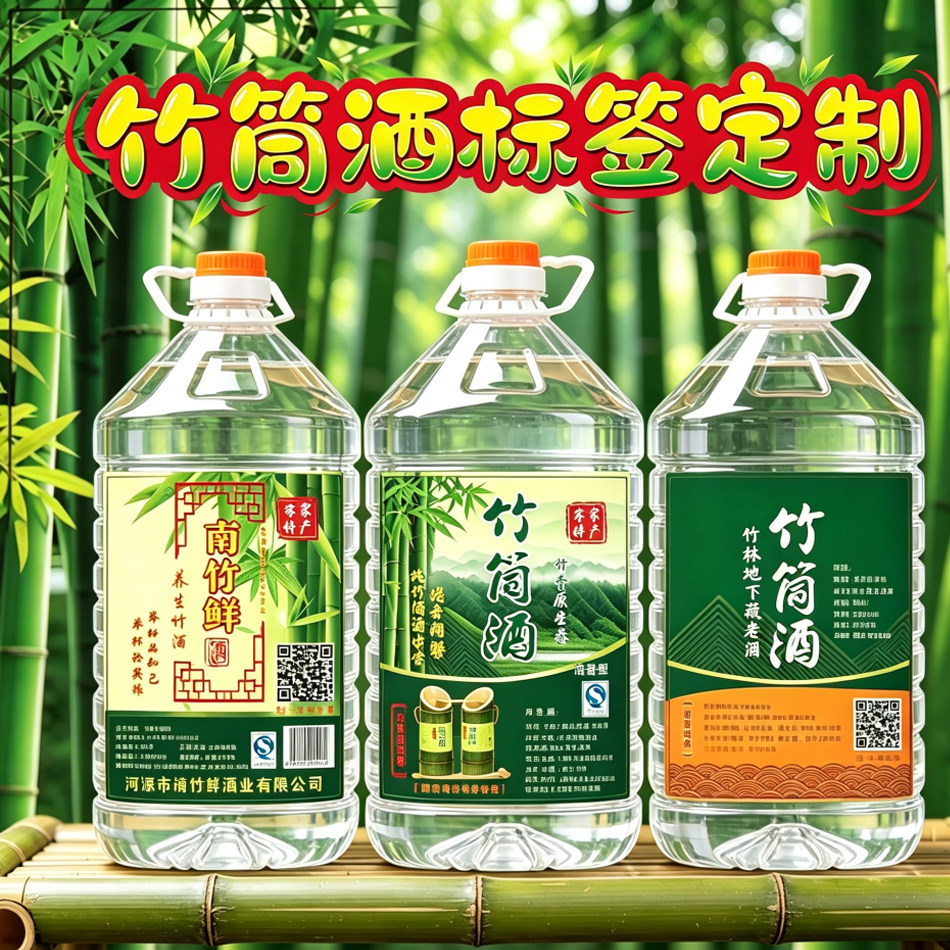 定制竹筒酒标签葡萄杨梅果酒5升塑料瓶PVC不干胶设计醪糟贴纸印刷
