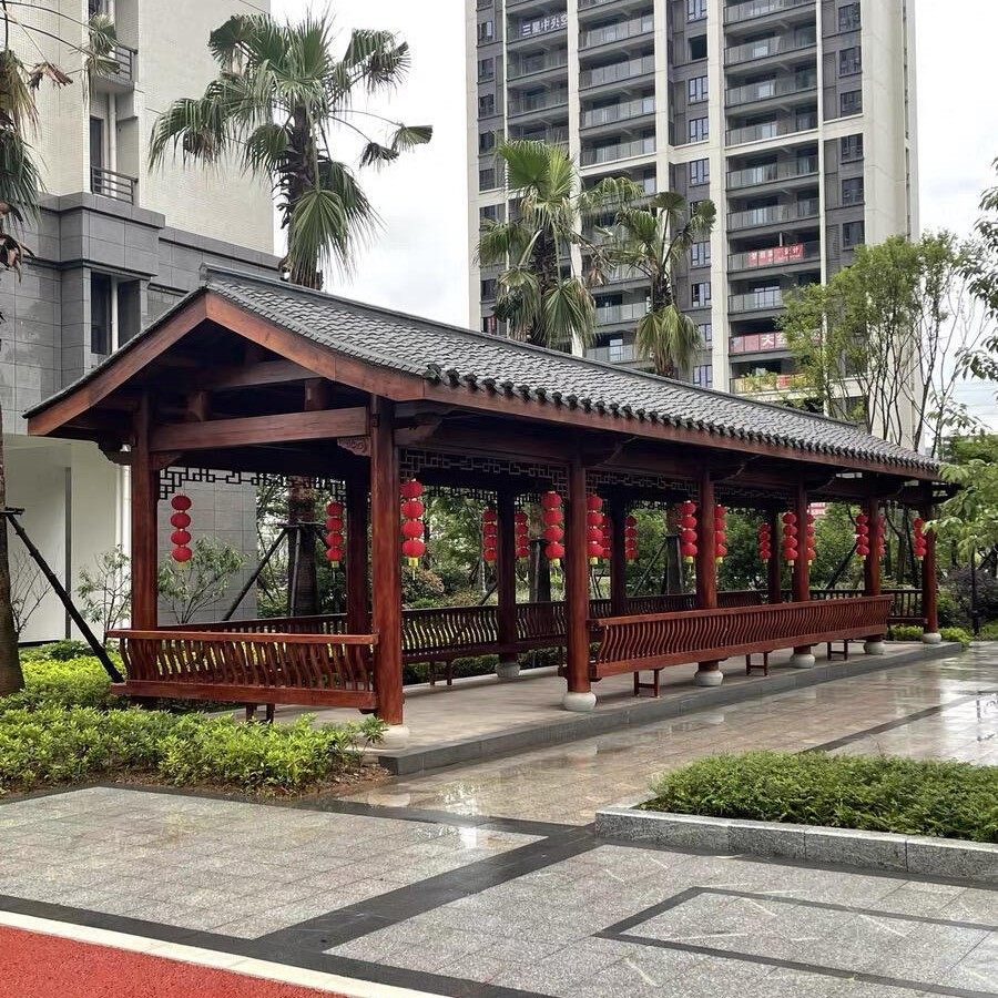 定制防腐木长廊实木树脂瓦凉亭古建走廊中式户外庭院樟子松仿古