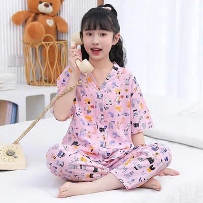 夏季新款女童睡衣短袖长裤棉绸套装儿童家居服夏天薄款大童空调服