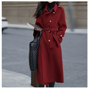高级女式时尚百搭红色长款双面羊绒大衣羊毛百分百毛呢外套小个子