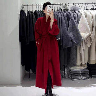 平安夜新年红色双面羊绒大衣女加长款高级感宽松系带羊毛呢外套女