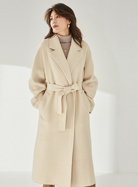 盛宏25秋冬新款M家双面呢分割翻领珠边线羊毛长款大衣外套女11219