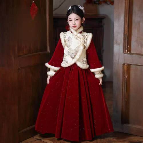 女童红色汉服冬装拜年服新中式国风儿童新年过年喜庆衣服冬季加绒