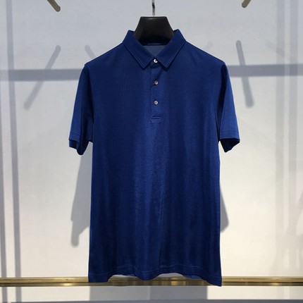 法莱凯帝品牌 夏季薄款短袖 男士商务休闲 翻领正装蓝色桑蚕丝t恤