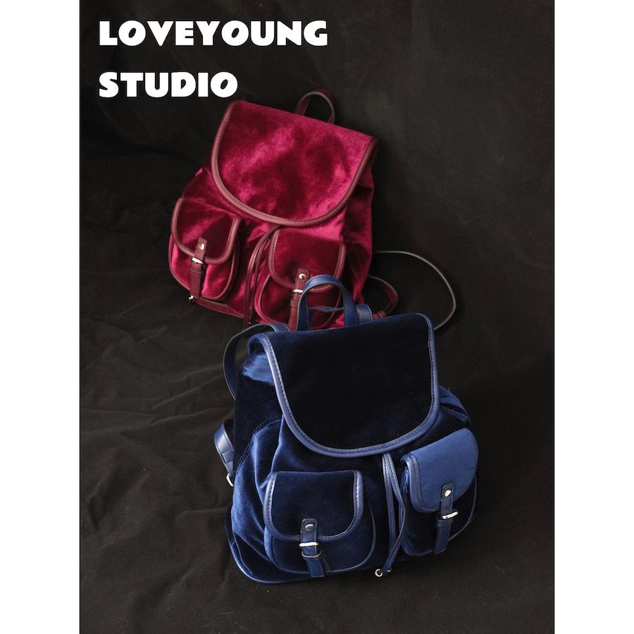 loveyoung 原创 丝绒双肩包 藏青色/枯瑰红 百搭简约通勤双肩包