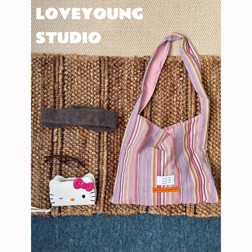 loveyoung 原创“粉红一下” 日系复古轻薄慵懒风条纹布袋