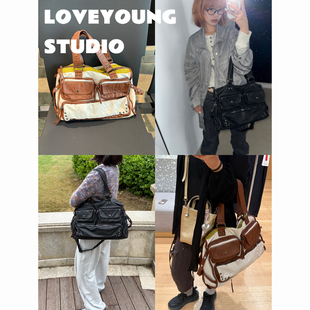 loveyoung原创“铆钉口袋”vintage复古轻亚感单肩斜挎时髦机车包