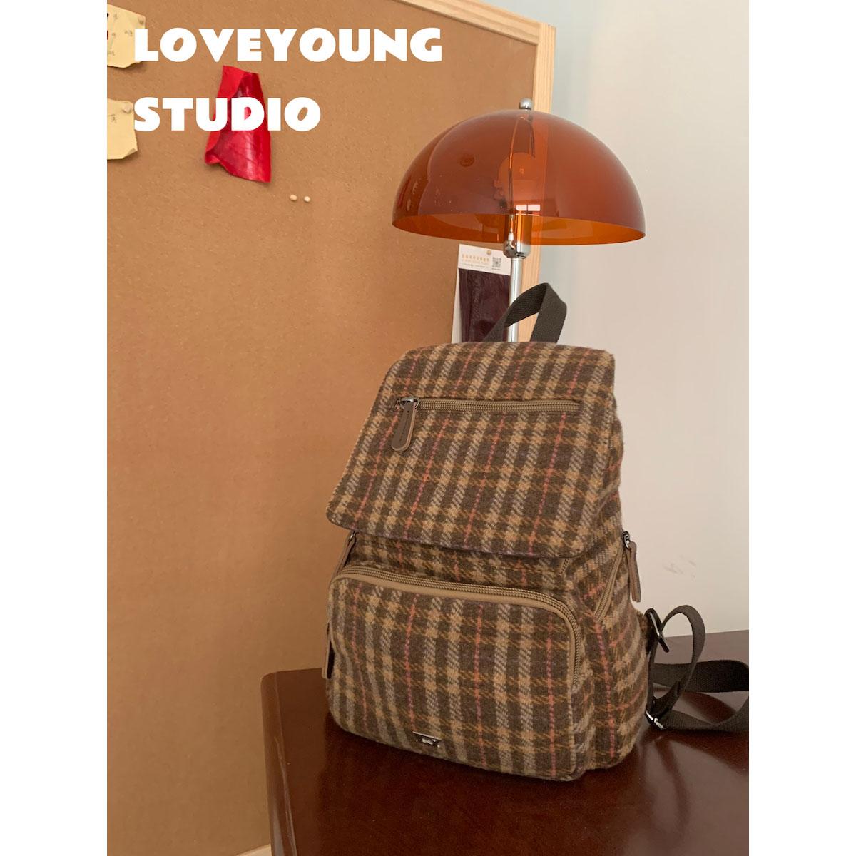 复古官方正品格纹毛呢韩版背包