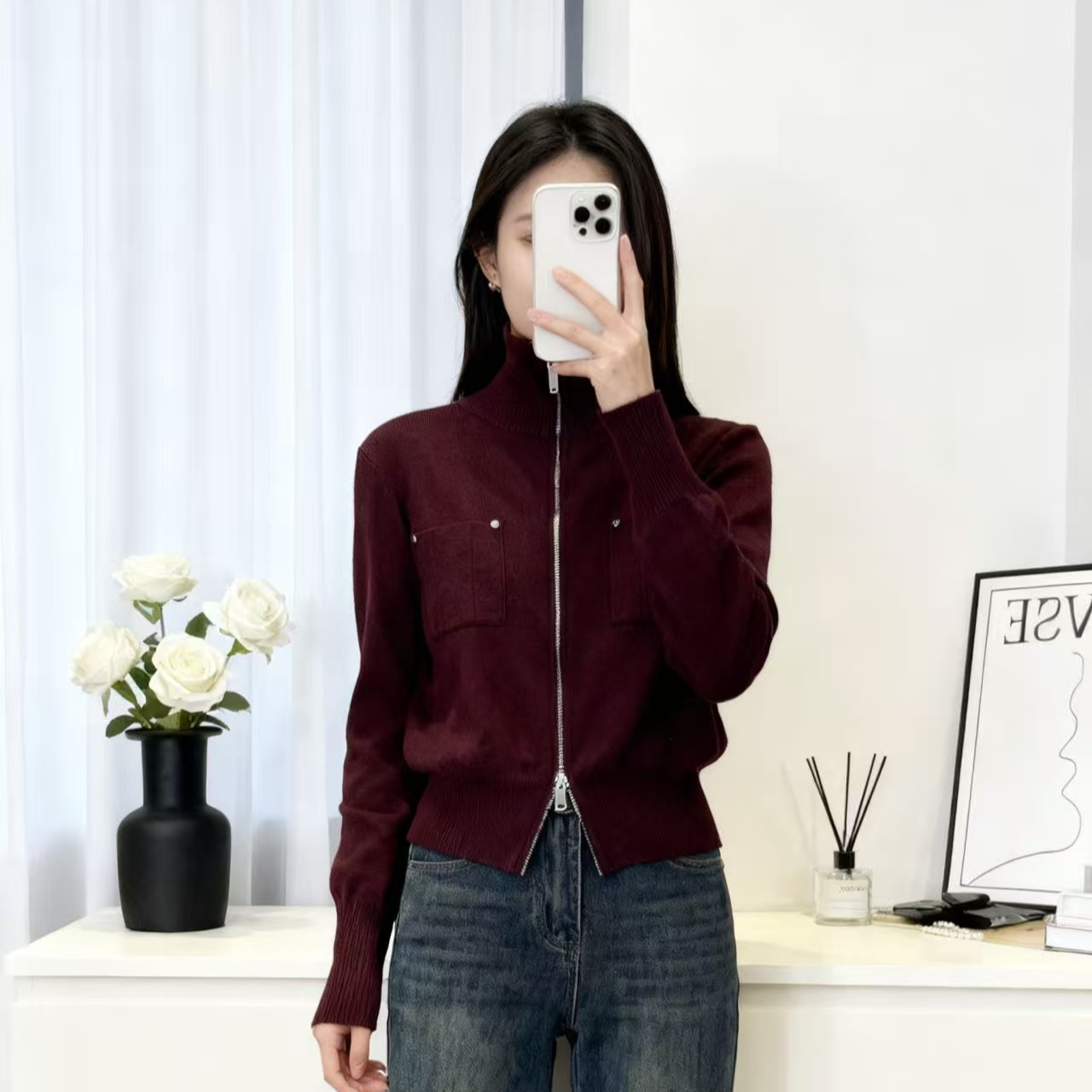 编号106【新小晴甄选】双拉链纯色翻领针织开衫外套 095039-酱紫,女装/女士精品,毛针织衫,淘宝优惠券,粉丝福利购,淘宝优惠卷