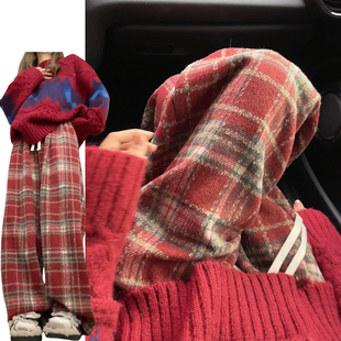 小个子慵懒加厚高腰垂感直筒裤 红色复古毛呢阔腿格子裤 女2025新款