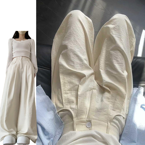奶油白松弛感西装裤女夏季薄款2026新款多巴胺冰丝褶皱高腰直筒裤