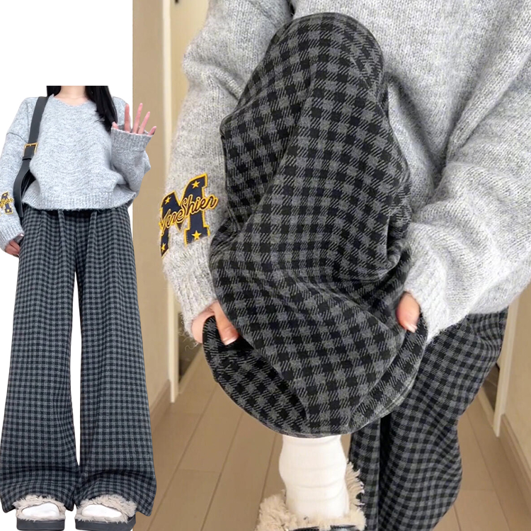 灰色复古毛呢格子裤女春秋季2025新款小众设计感棋盘格休闲拖地裤