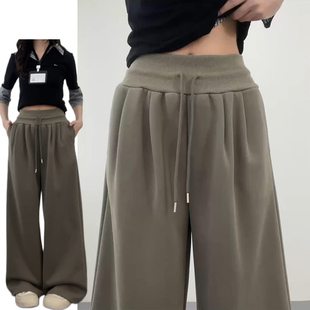 垂感显瘦中低腰抽绳休闲裤 军绿色慵懒抽绳运动卫裤 女春秋2026新款