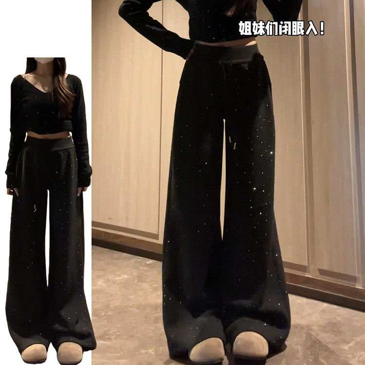 黑灰色慵懒小众烫钻休闲裤女秋冬2026新款慵懒显瘦高腰爆闪阔腿裤