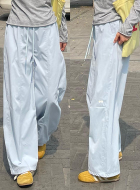 蓝色小清新爱心刺绣卫裤女夏季2026新款直筒显瘦小个子两穿工装裤