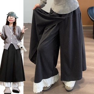 高腰慵懒风显瘦半身裙裤 拼接设计感蕾丝花边阔腿裤 女秋冬2025新款