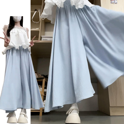 蓝色奶芙冰丝阔腿裙裤女春秋季2026新款韩系垂感宽松慵懒高腰裙裤