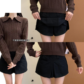 裙裤 松弛感高腰韩系阔腿裤 女夏季 假两件开叉短裤 2026新款 黑色工装