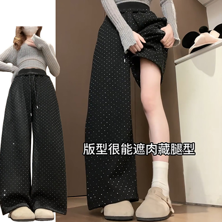 韩系闪闪星空阔腿裤女秋冬季2026新款加绒加厚设计感烫钻慵懒卫裤,女装/女士精品,休闲裤,淘宝优惠券,粉丝福利购,淘宝优惠卷
