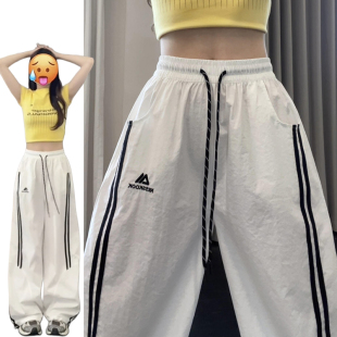 白色侧条纹工装裤女夏季2026新款时尚刺绣阔腿裤显瘦宽松束脚卫裤