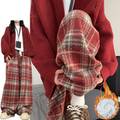 女2025新款 加绒加厚阔腿格子裤 小个子慵懒高腰垂坠感毛呢裤 秋冬季