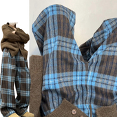 女秋冬季 2024新款 毛呢加厚休闲裤 蓝色复古格子裤 撞色直筒拖地长裤