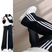 女春夏季 2025新款 高腰百搭小个子美式 黑色三杠条纹运动裤 束脚卫裤