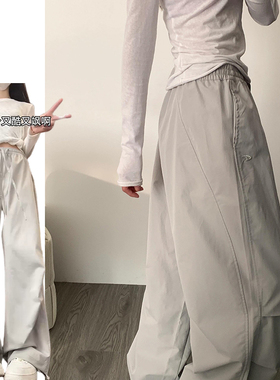 灰色美式伞兵工装裤女夏季薄款2025新款松弛感显瘦宽松刺绣卫裤子