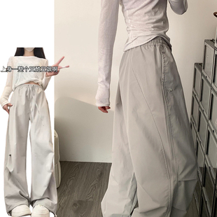 灰色美式伞兵工装裤女夏季薄款2025新款松弛感显瘦宽松刺绣卫裤子