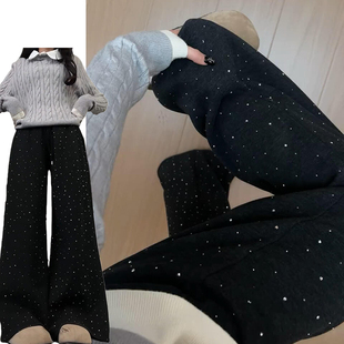 韩系设计感闪闪星空裤女春秋2026新款加绒加厚时尚高腰烫钻休闲裤
