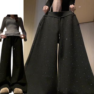 黑灰色复古烫钻爆闪星空裤女秋冬2025新款慵懒舒适加绒加厚闪闪裤