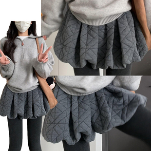 深灰色韩系菱格花苞短裤女早春2026新款高腰显瘦A字蓬蓬灯笼裙裤