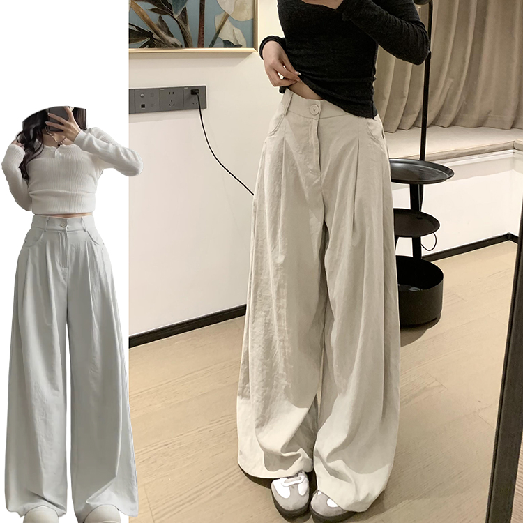 韩系慵懒卡其灰奶油西装裤女春夏季2025新款褶皱肌理感高腰山本裤