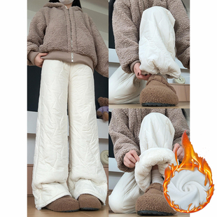 加厚保暖羊羔绒防风羽绒裤 米白色加绒东北防寒棉裤 女秋冬2025新款