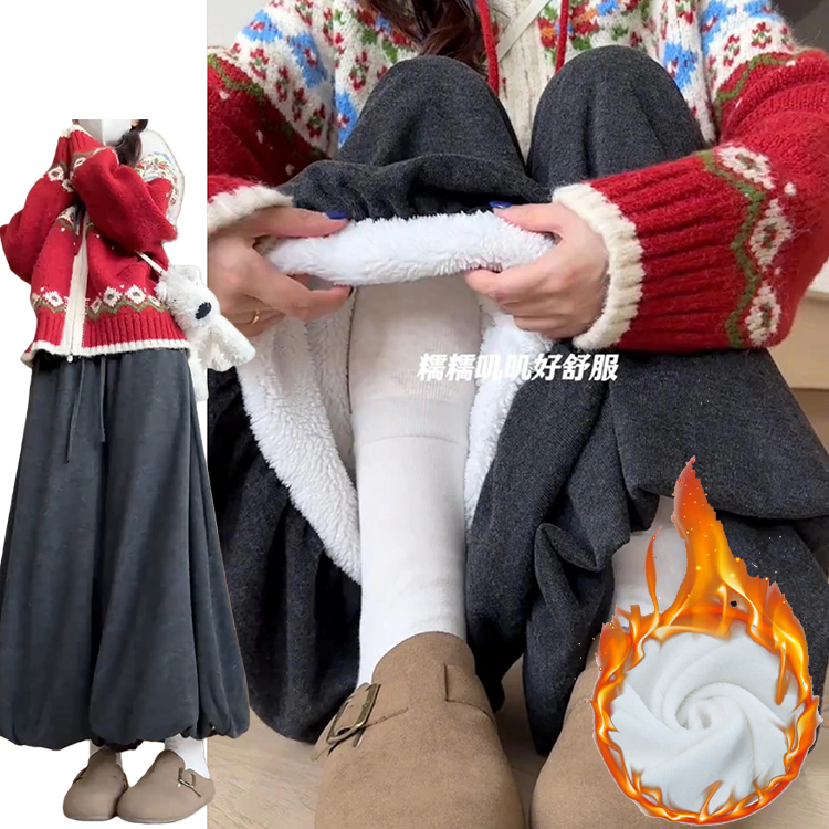 灰色复古风针织糯米裙裤女秋冬2025新款灰色加绒加厚休闲花苞裙裤