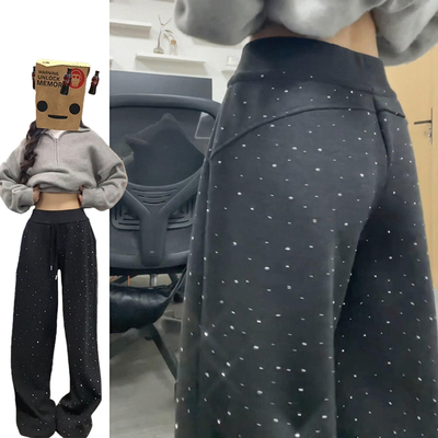 韩系复古闪钻星空阔腿哭女秋冬2026新款加绒加厚慵懒感宽松休闲裤