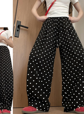 黑色棉麻凉感抽绳休闲裤女夏季2025新款松弛感显瘦垂感波点阔腿裤