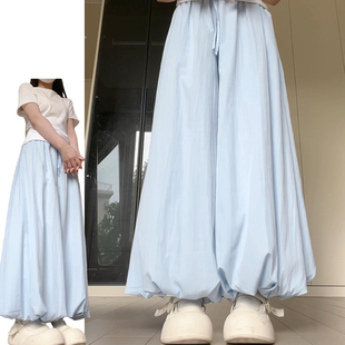 韩系慵懒风蓝色奶芙冰丝阔腿裤女夏季2025新款多巴胺高腰花苞裙裤