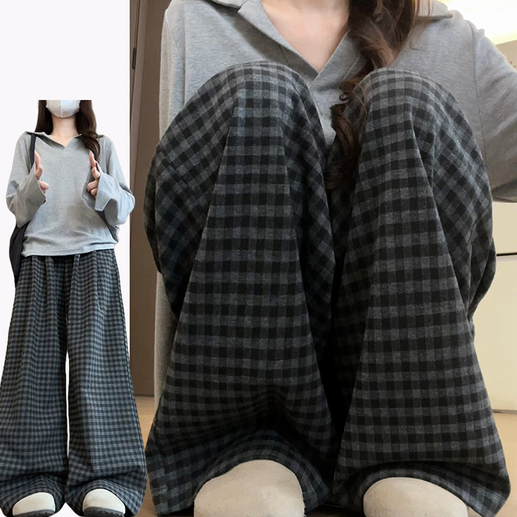 灰色棋盘格小众休闲裤女秋冬季2025新款慵懒风高腰显瘦垂感阔腿裤