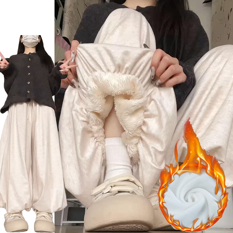 米白色加绒加厚百搭花苞裤女秋冬季2025新款针织软糯韩系糯米裙裤