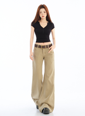 弄格卡其色水洗低腰微喇叭牛仔裤女秋季新款显瘦百搭不贴腿长裤子