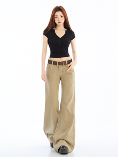 弄格卡其色水洗低腰微喇叭牛仔裤女秋季新款显瘦百搭不贴腿长裤子