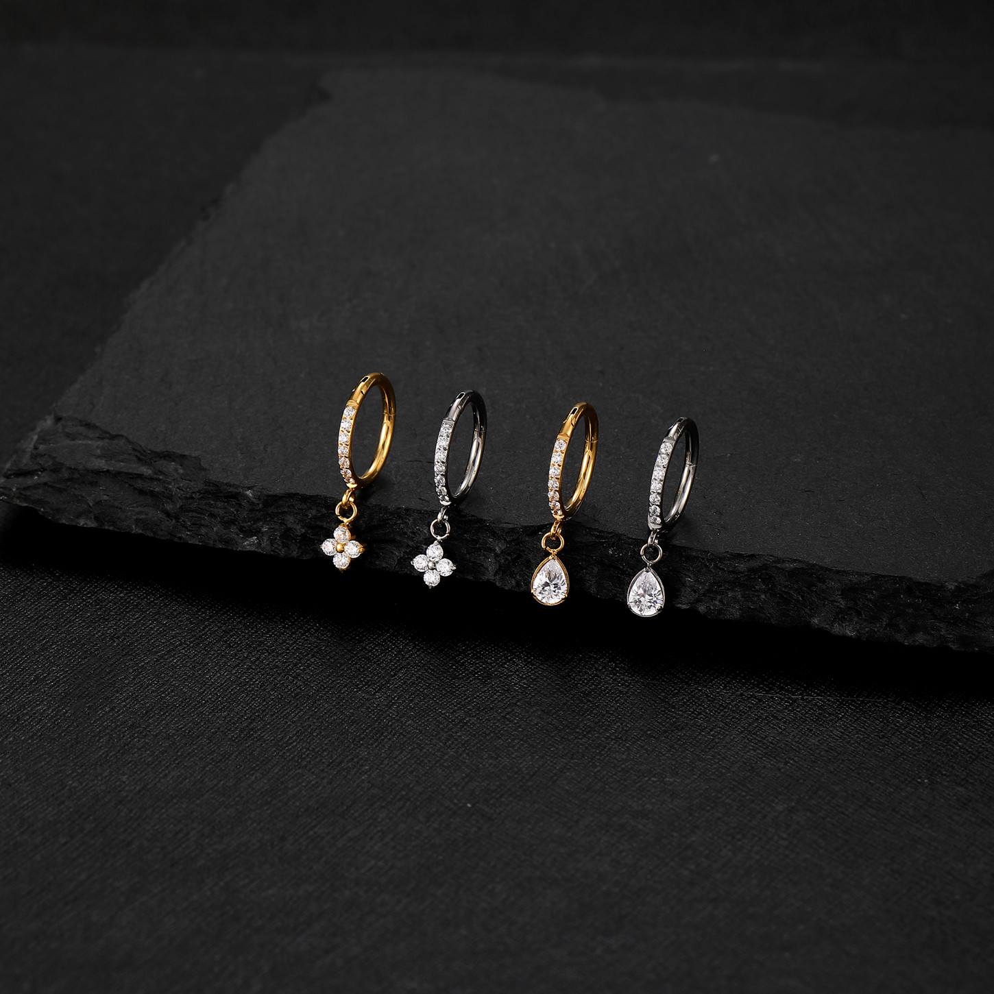 F136钛合金镶钻耳圈吊坠四叶草水滴耳扣防过敏精致简约时尚耳环