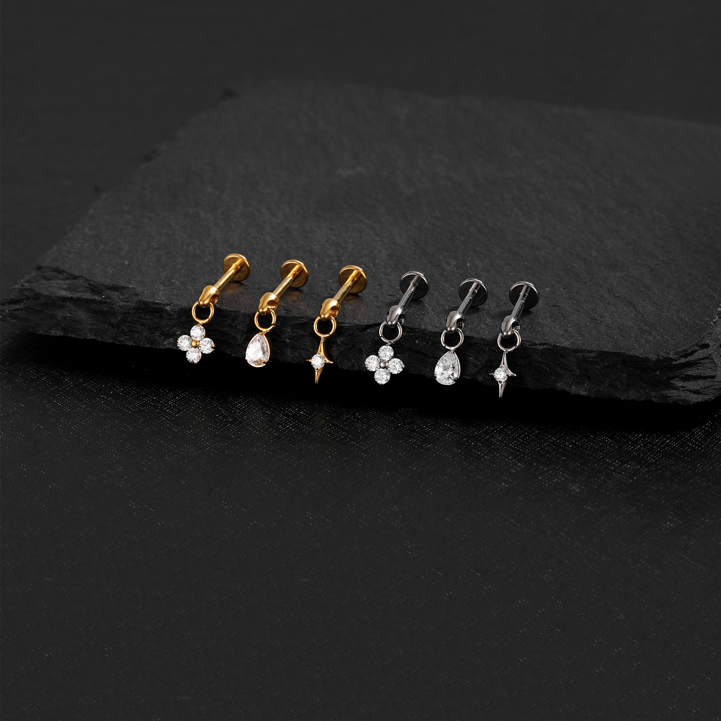 F136钛合金水滴四叶草小吊坠耳骨钉内螺纹防过敏耳钉简约时尚耳环