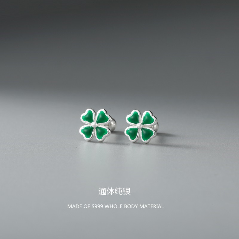 S999纯银小清新绿色四叶草耳钉螺纹拧扣睡觉免摘耳骨钉气质耳环