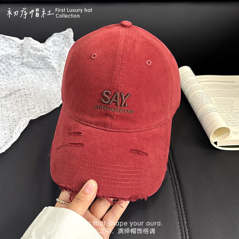 美式刺绣显白酒红色棒球帽女出街百搭遮阳显脸小鸭舌帽情侣ins潮