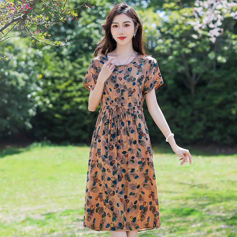 新款棉绸连衣裙女夏季妈妈装大码显瘦中长款时尚洋气外穿绵绸裙潮