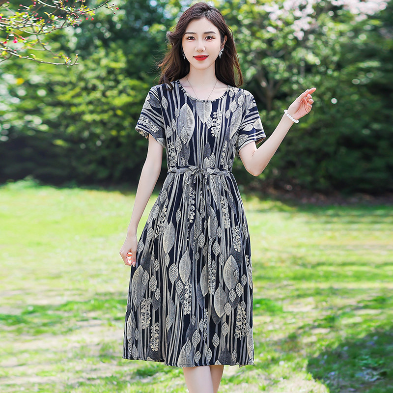 中老年妈妈装棉绸连衣裙加肥加大夏装短袖中长款宽松大码女装裙子